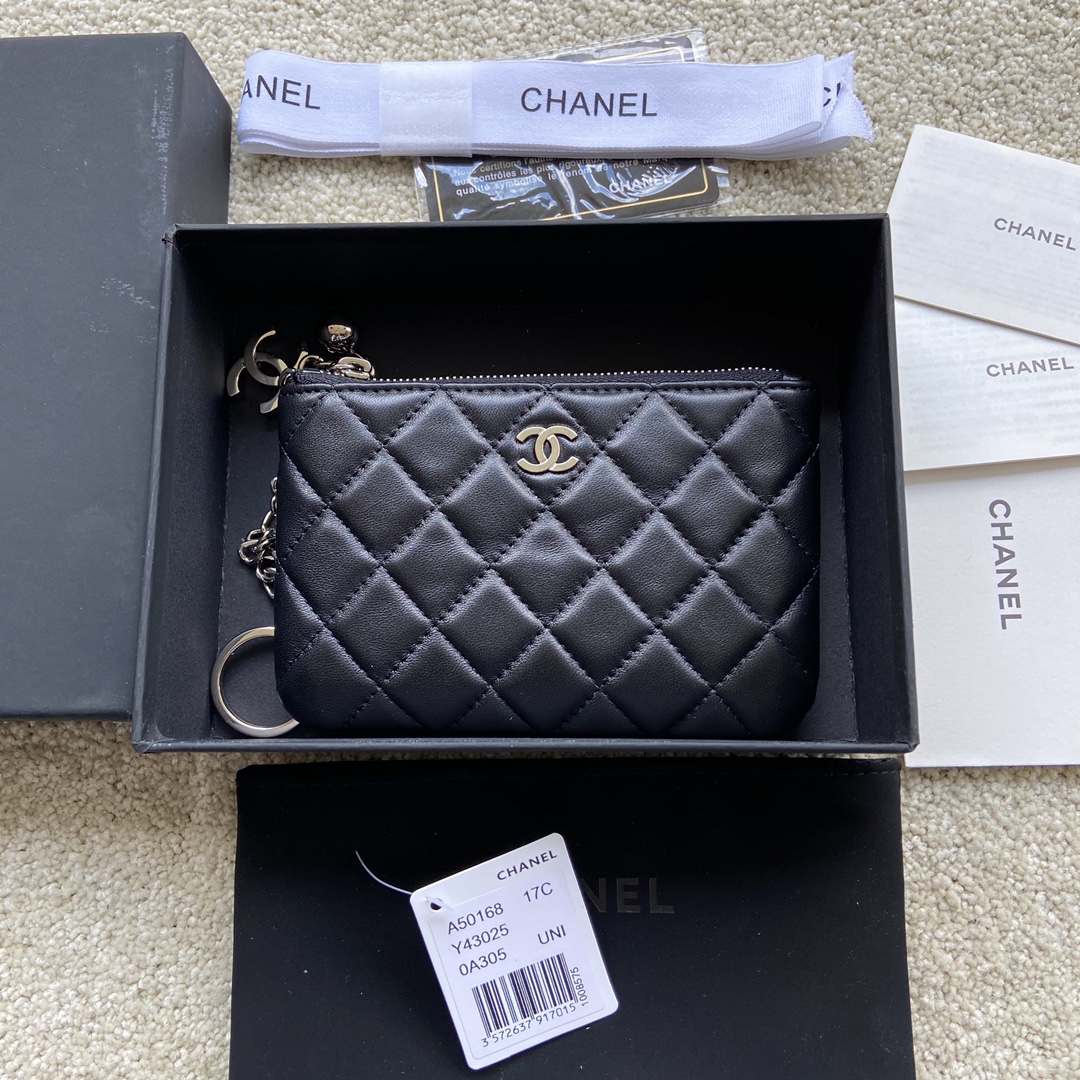 Chanel Wallet Pouch Lambskin Silver Black A50168