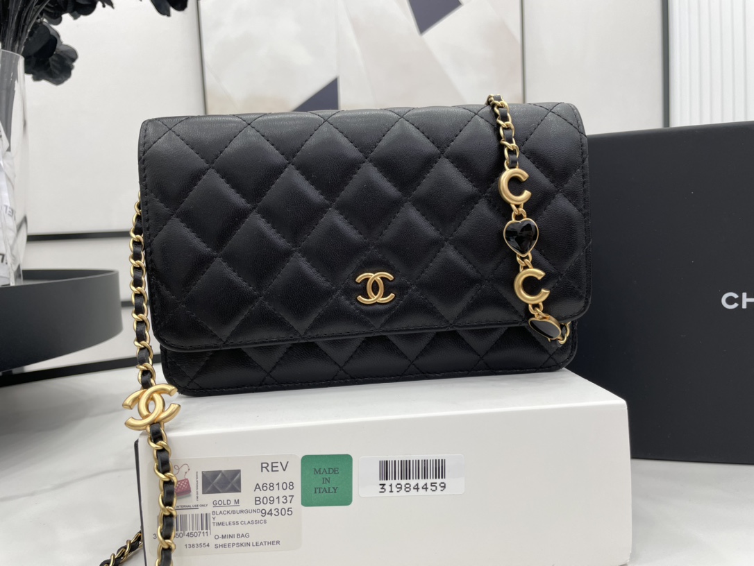 Chanel Wallet on Chain With Heart Chain Black Leather A68108