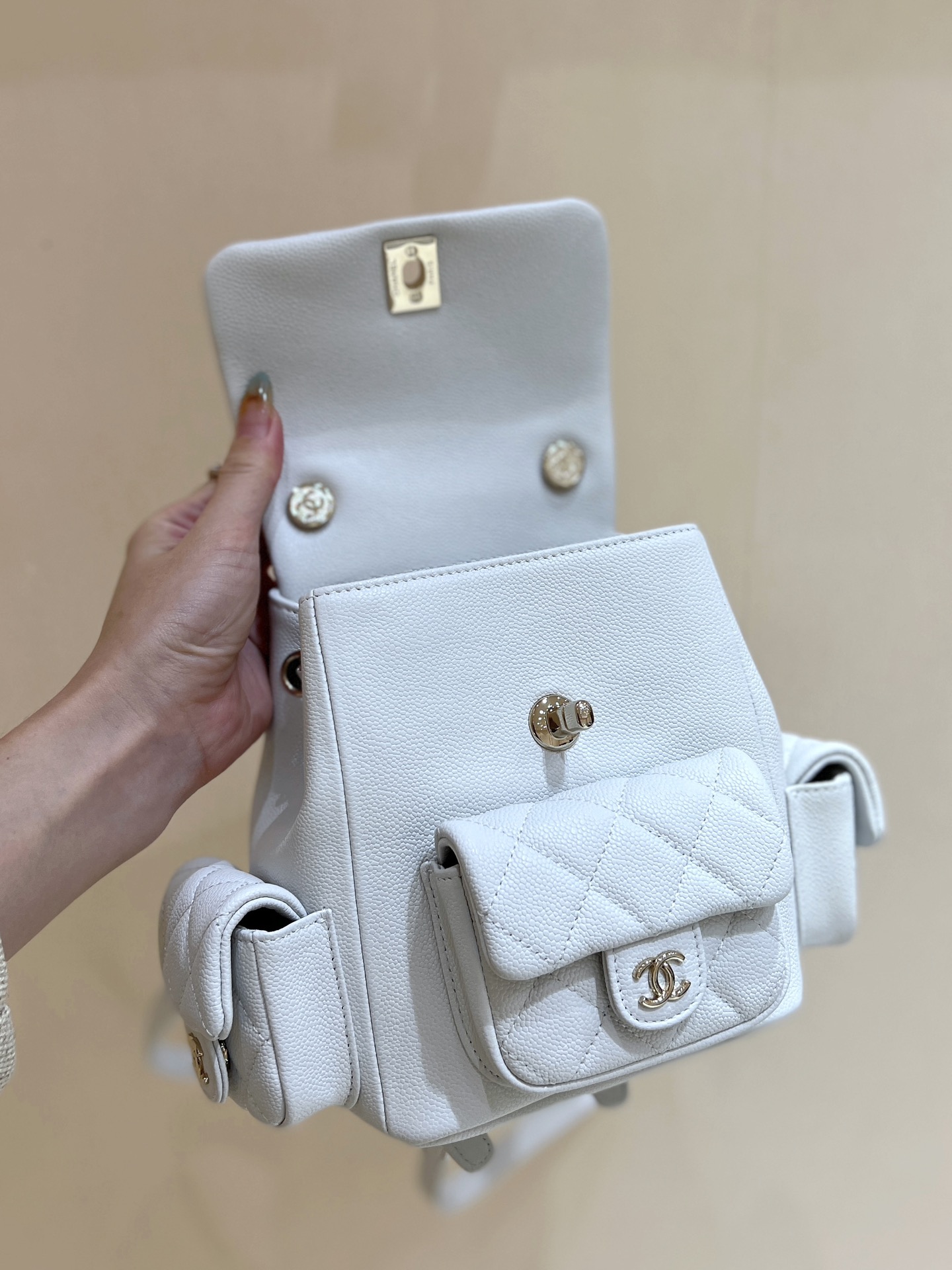 Chanle 23K Duma Small Backpack White Caviar