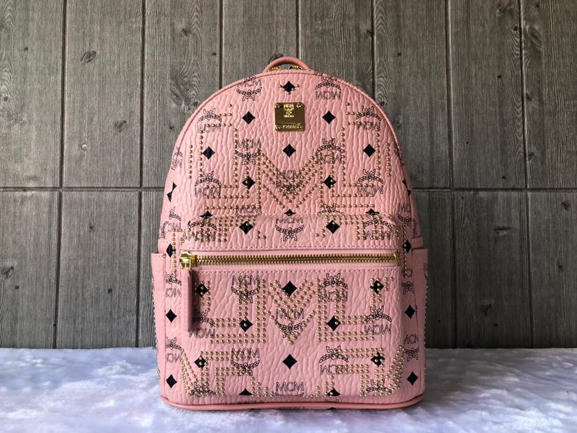 Cheap MCM Small Stark Women Backpack in Gunta M Studs Visetos Pink