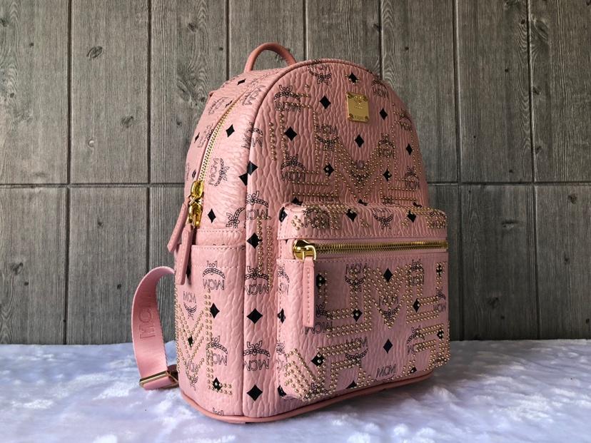 Cheap MCM Small Stark Women Backpack in Gunta M Studs Visetos Pink