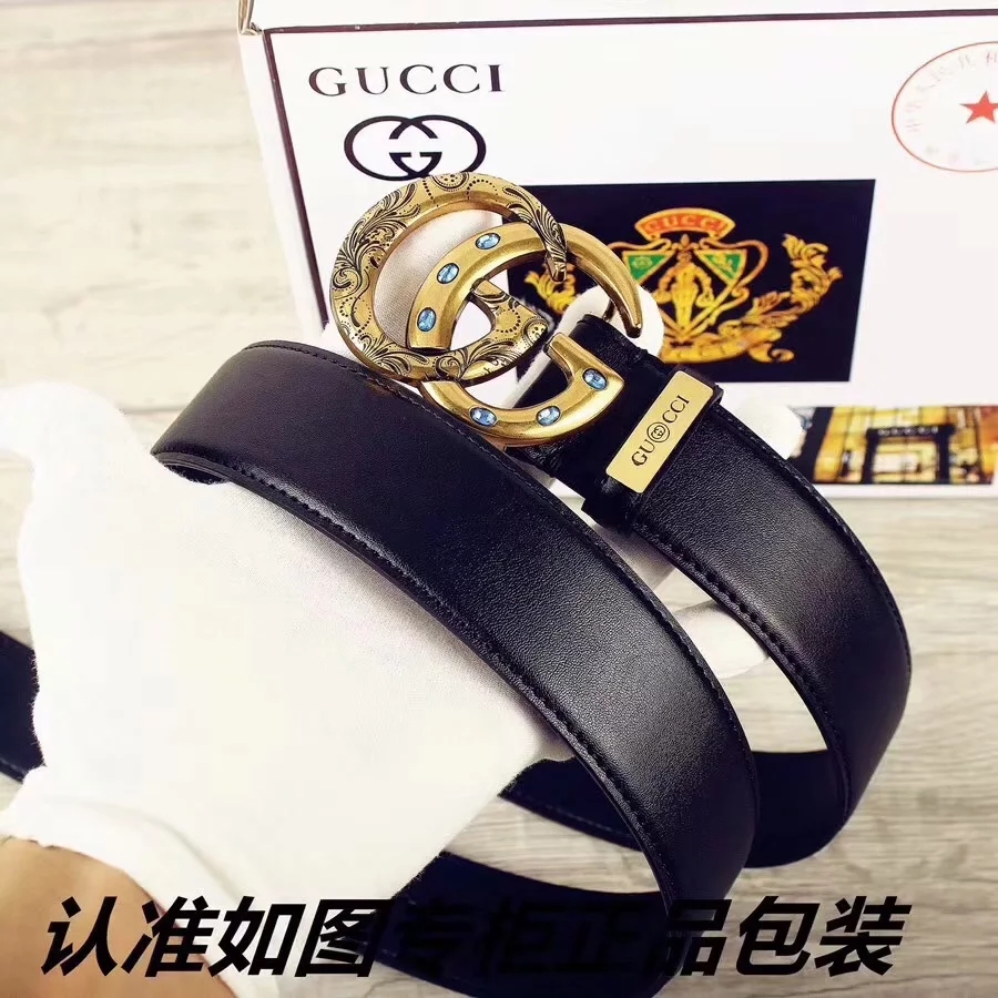 Cheap Replica  Gucci Men Leather Black Belt Width 3.8cm With Gold Buckle 060