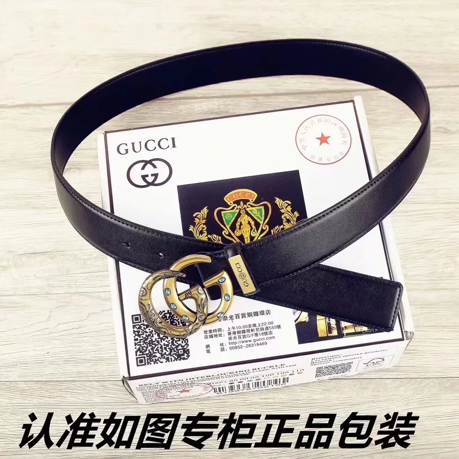 Cheap Replica  Gucci Men Leather Black Belt Width 3.8cm With Gold Buckle 060