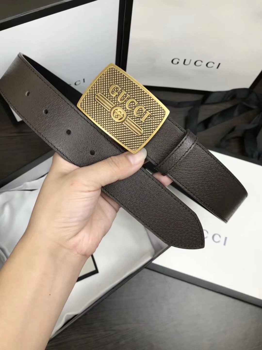 Cheap Replica Gucci Men Belt Width 3.8cm With Bronze Gold Buckle 052