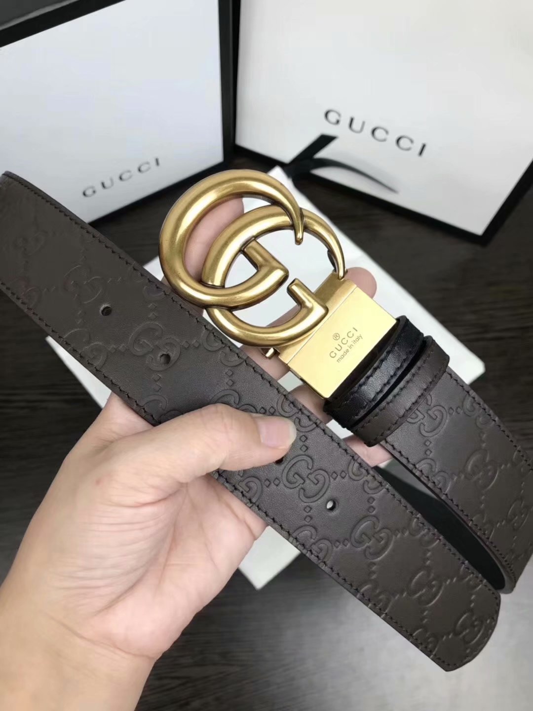 Cheap Replica Gucci Men Belt Width 3.8cm With Bronze Gold Buckle 055