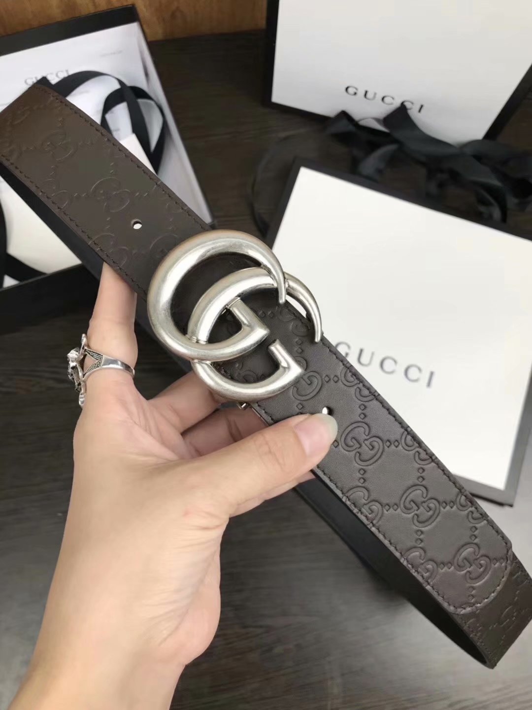 Cheap Replica Gucci Men Belt Width 3.8cm With Bronze Silver Buckle 054
