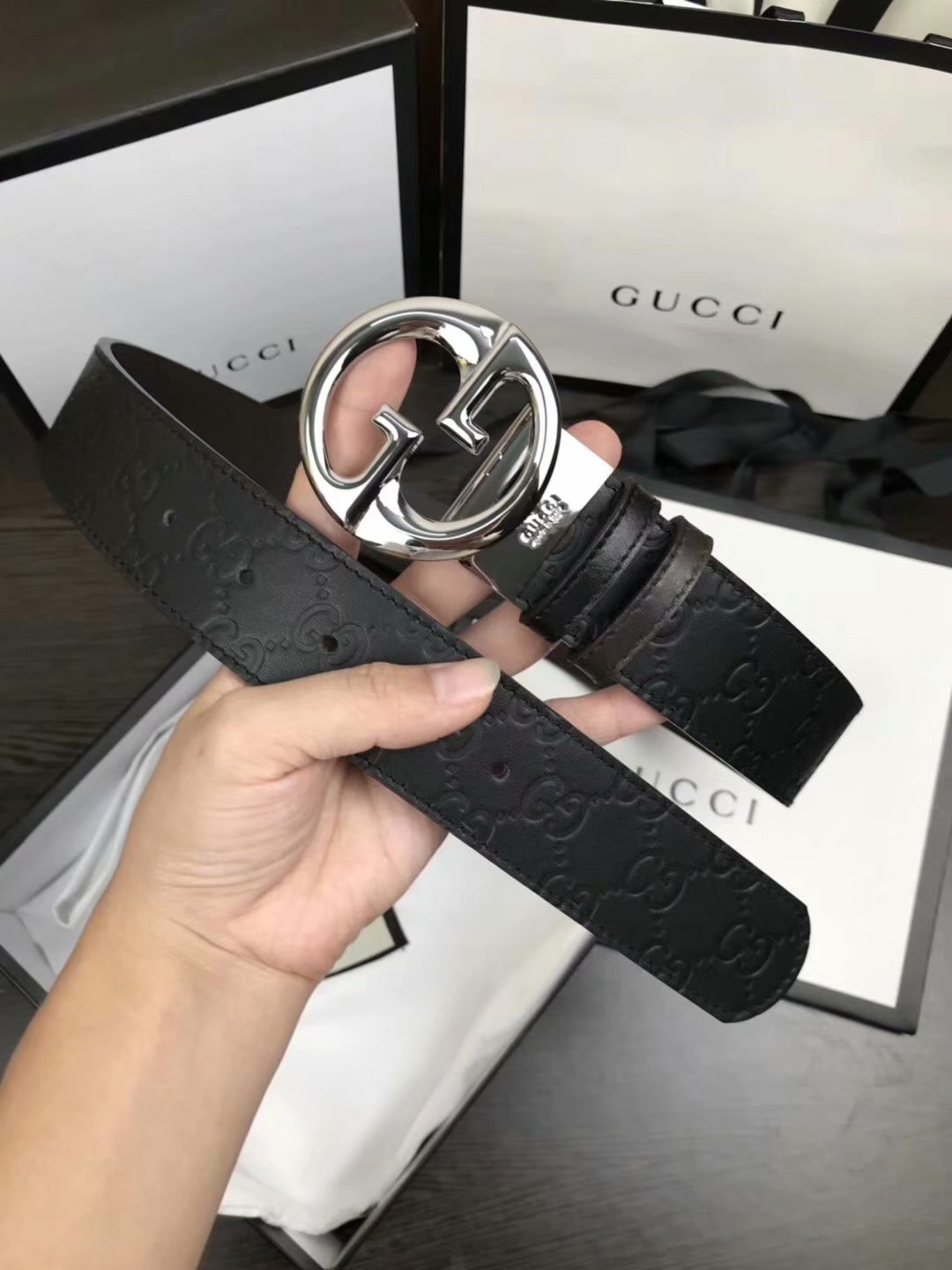 Cheap Replica Gucci Men Leather Belt Width 3.8cm With Silver Rotating Buckle 066