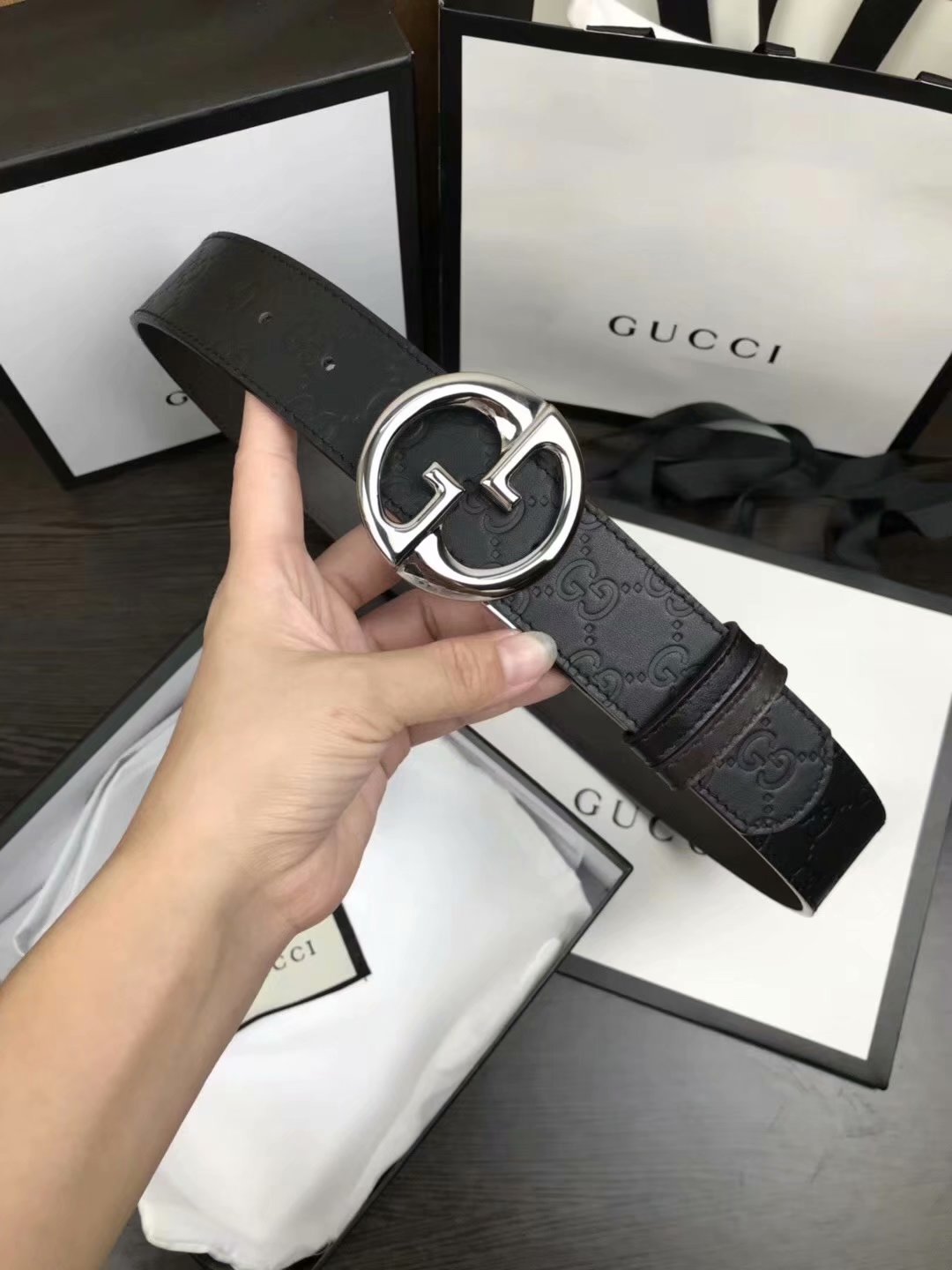 Cheap Replica Gucci Men Leather Belt Width 3.8cm With Silver Rotating Buckle 066