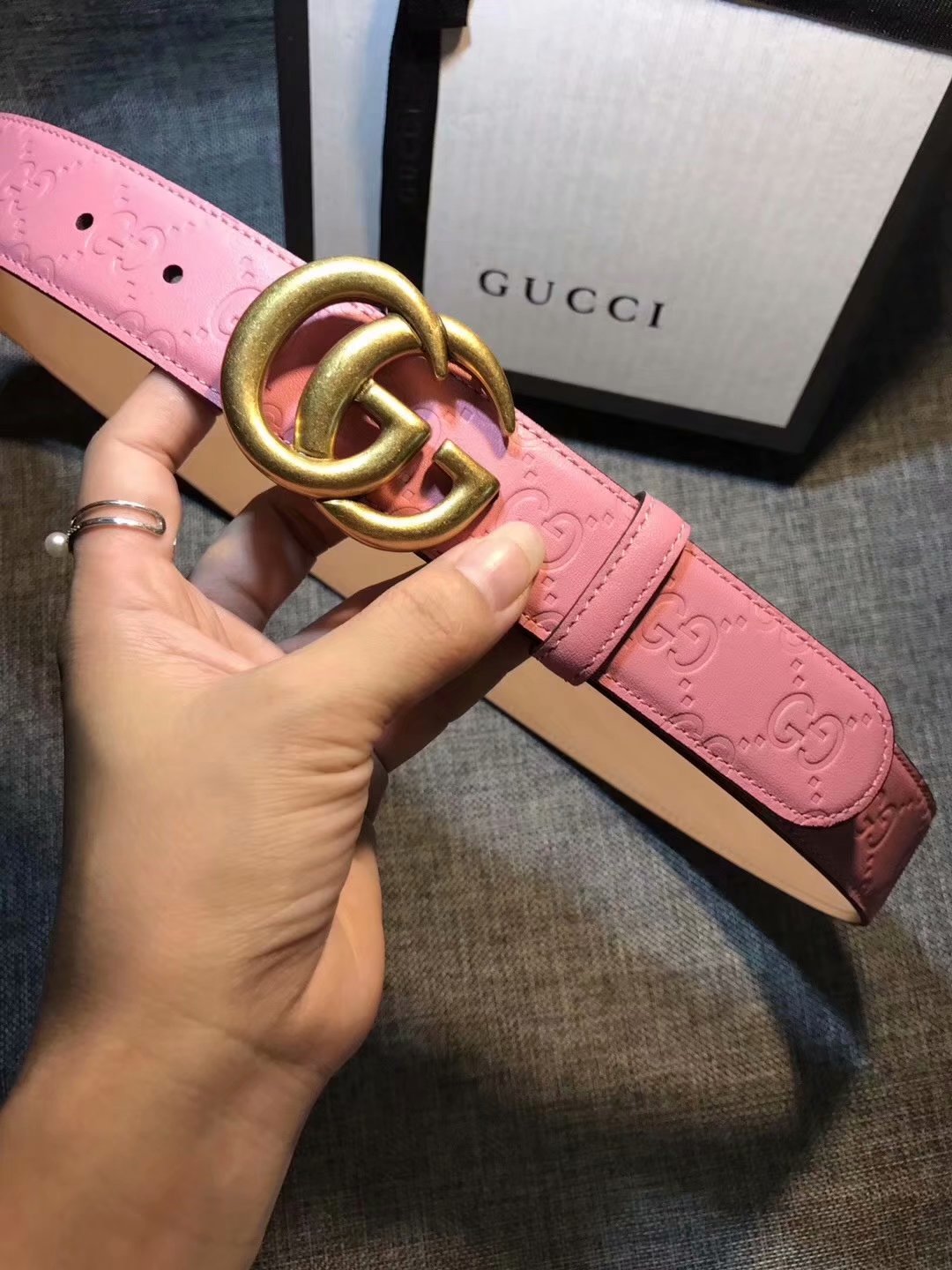 Cheap Replica Gucci Women Leather Belt Pink Width 3.5cm With Gold Buckle 081