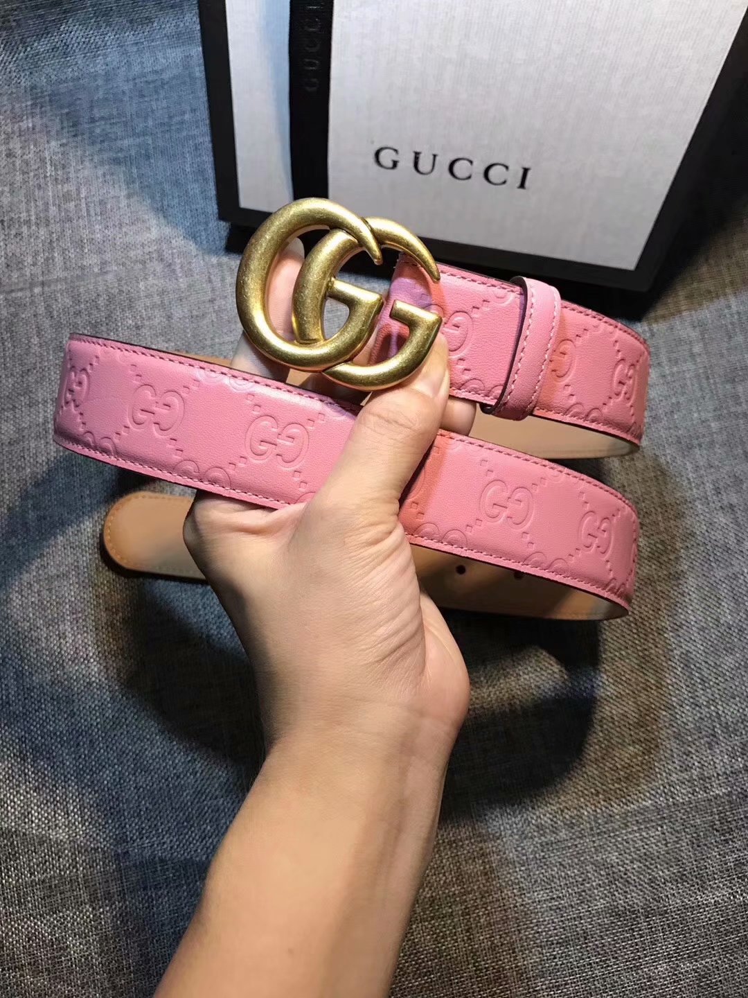 Cheap Replica Gucci Women Leather Belt Pink Width 3.5cm With Gold Buckle 081