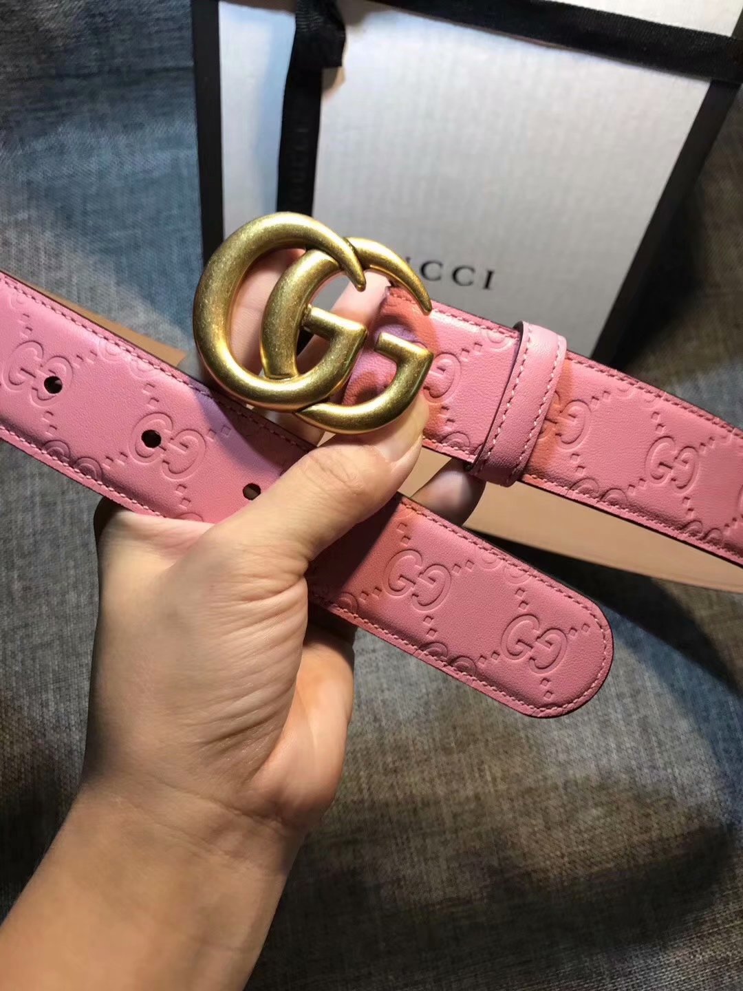 Cheap Replica Gucci Women Leather Belt Pink Width 3.5cm With Gold Buckle 081