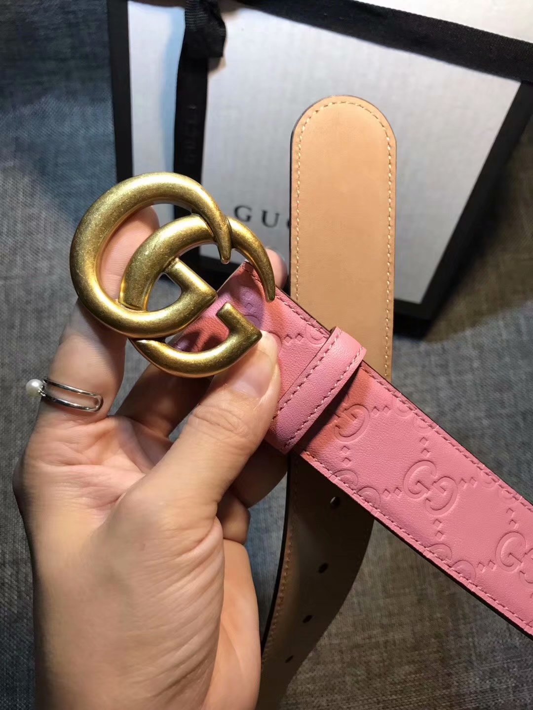 Cheap Replica Gucci Women Leather Belt Pink Width 3.5cm With Gold Buckle 081