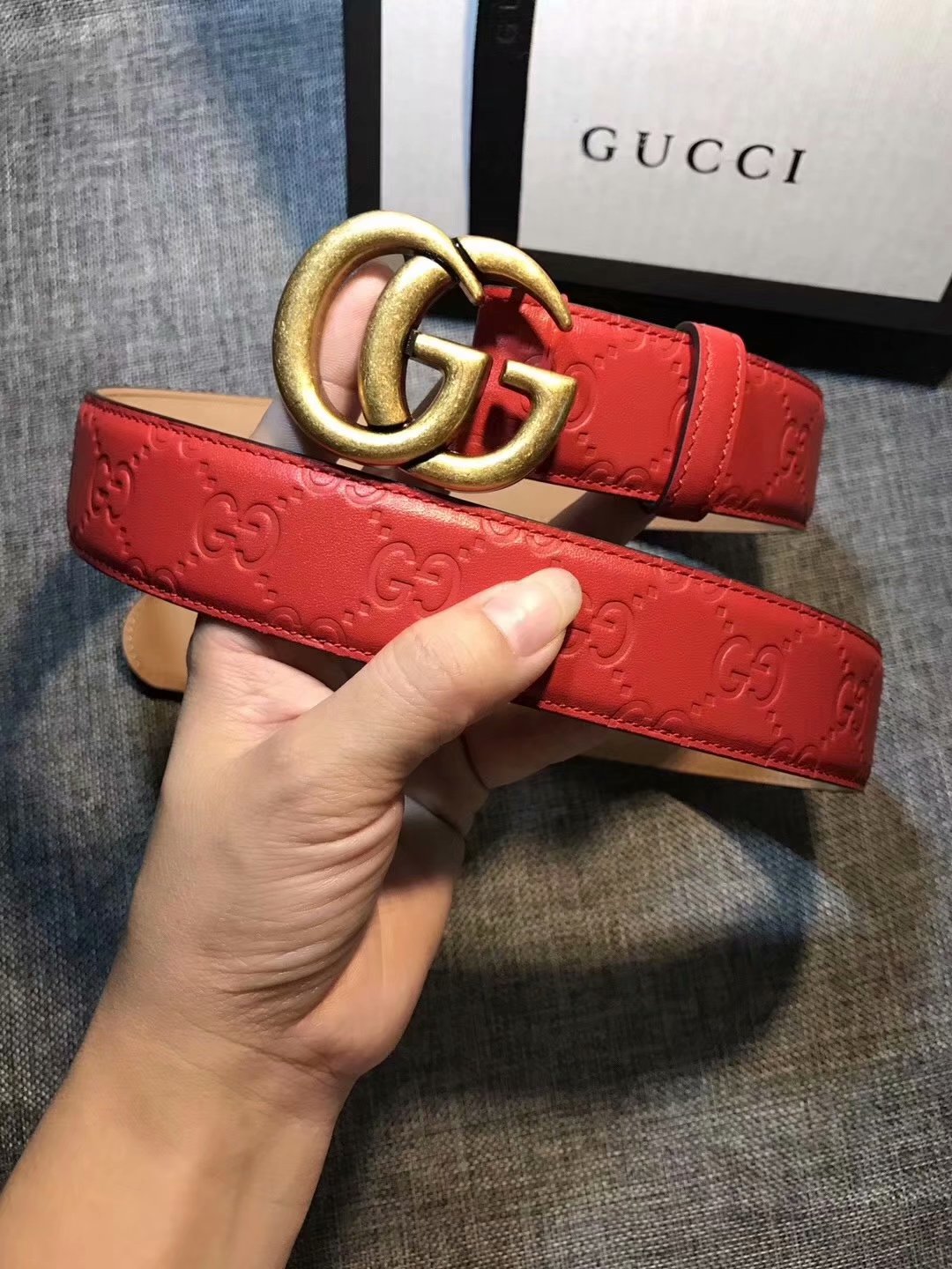 Cheap Replica Gucci Women Leather Belt Red Width 3.5cm With Gold Buckle 080