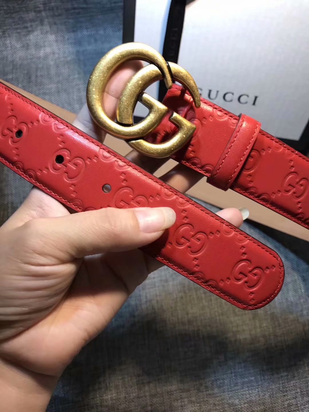 Cheap Replica Gucci Women Leather Belt Red Width 3.5cm With Gold Buckle 080