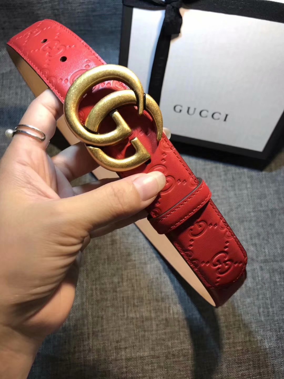 Cheap Replica Gucci Women Leather Belt Red Width 3.5cm With Gold Buckle 080