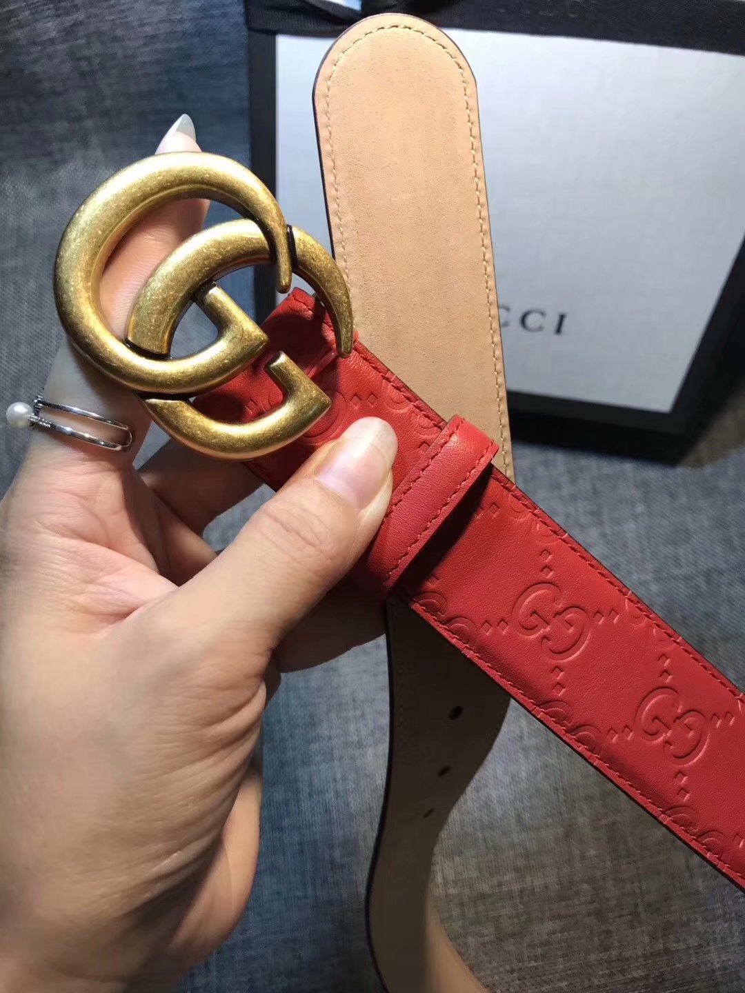 Cheap Replica Gucci Women Leather Belt Red Width 3.5cm With Gold Buckle 080