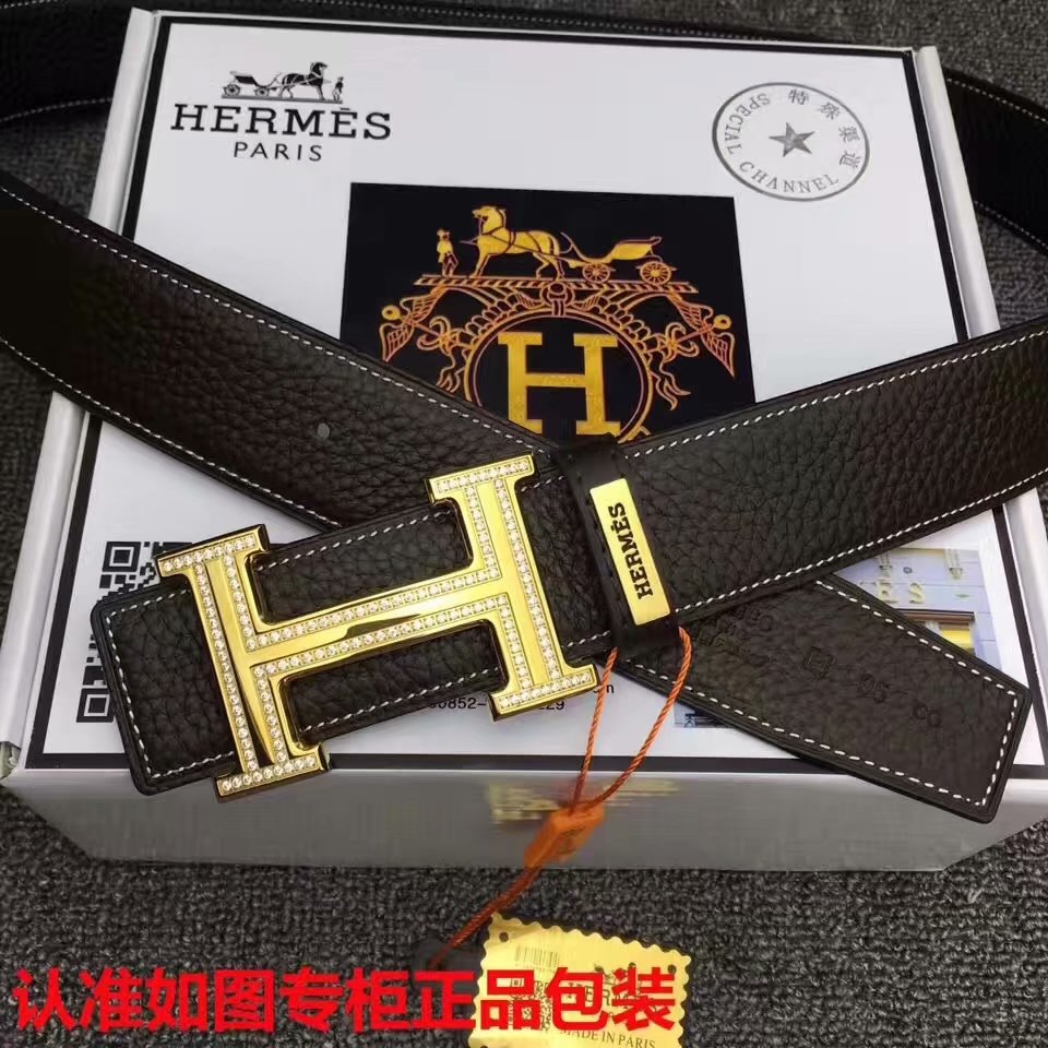Cheap Replica Hermes Reversible Leather Men Belt Width 3.8cm With Diamond 18K Gold Buckle 046