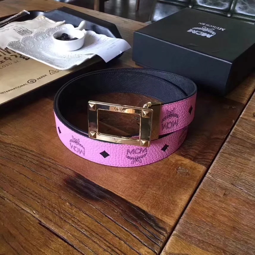 Cheap Replica MCM Width 3.8cm Women Leather Belt Pink With Gold Buckle 004