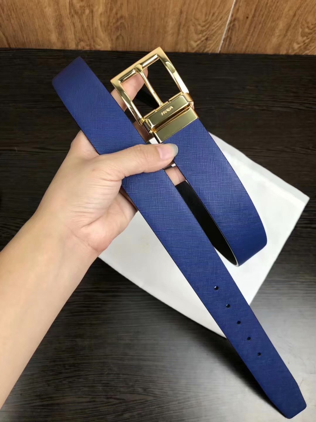 Cheap Replica Prada Width 3.5cm Men Leather Belt Blue With Rotating Gold Buckle 009