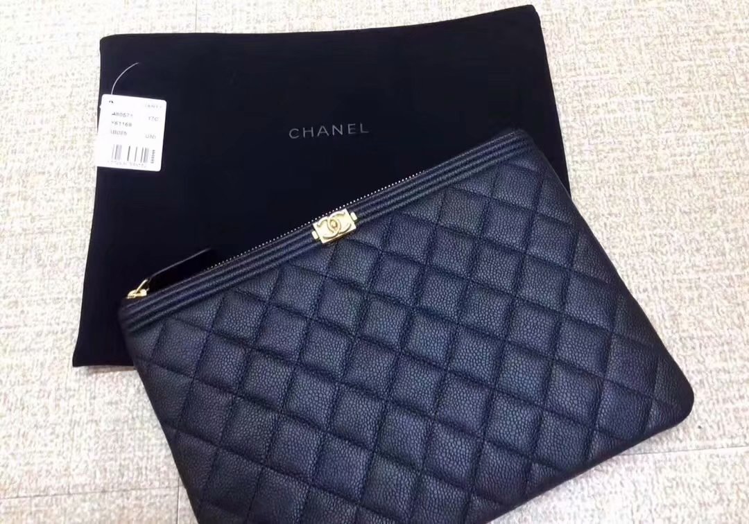 Cheapest BOY CHANEL Pouch Grained Calfskin Gold-Tone Metal Black