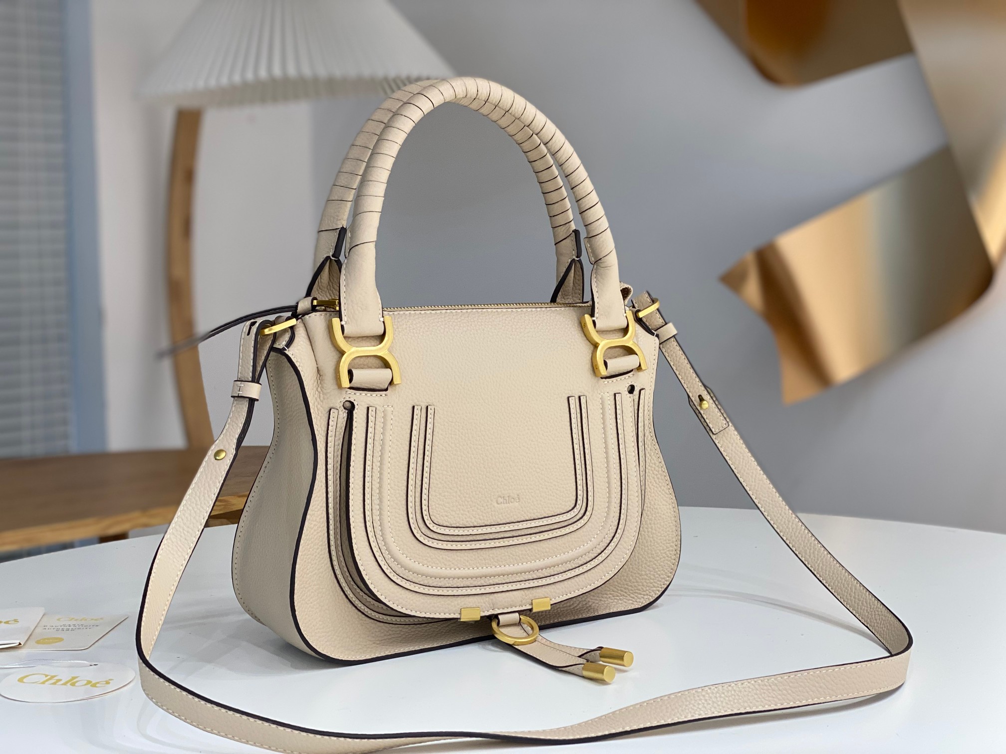 Chloe Medium Marcie Double Carry Bag With Beige Grained Calfskin