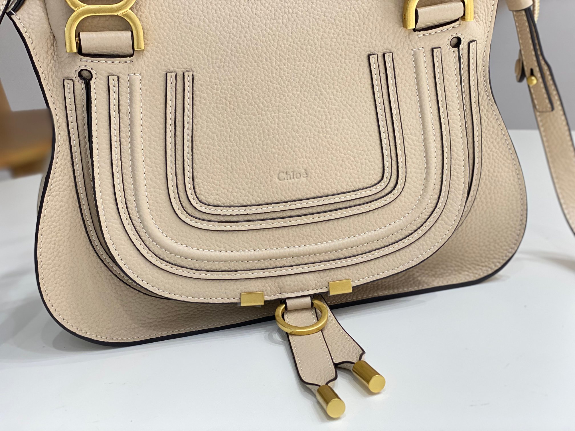 Chloe Medium Marcie Double Carry Bag With Beige Grained Calfskin