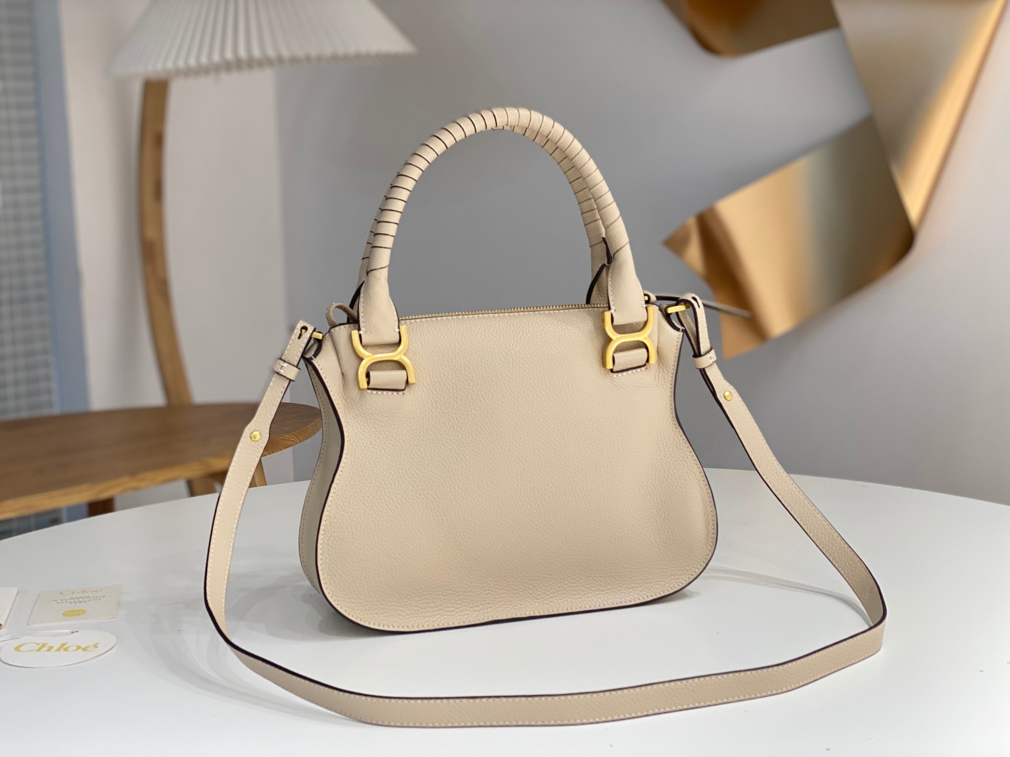 Chloe Medium Marcie Double Carry Bag With Beige Grained Calfskin