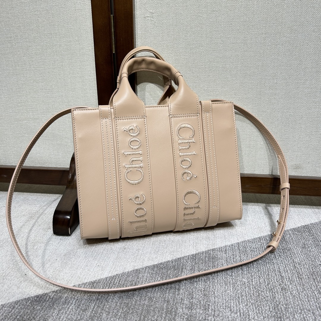 Chloe Small Woody Tote Bag from Smooth Calfskin light Tan With Strap