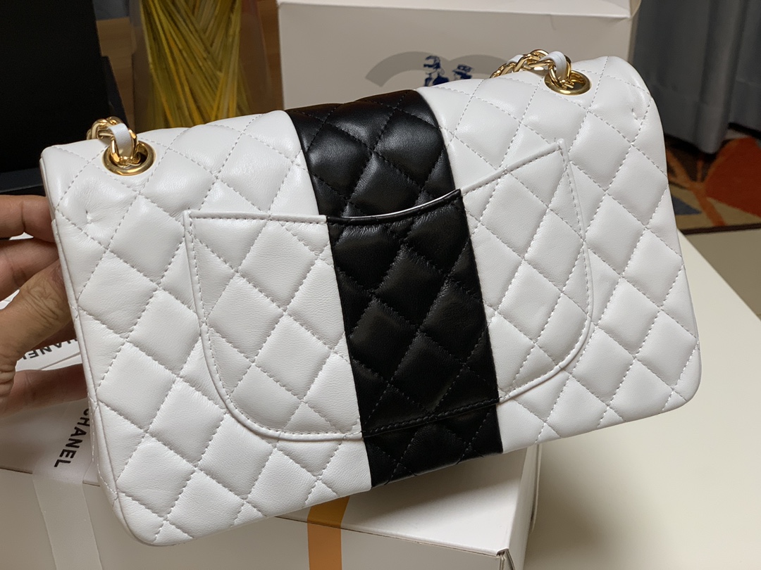 Copy 2022 Chanel Classic Handbag Lambskin Gold-Metal White and Black A01112 For Ladies