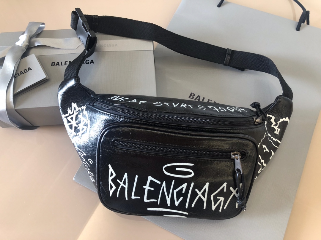 Copy Balenciaga Graffiti Print Leather Belt Bag Black White Price America