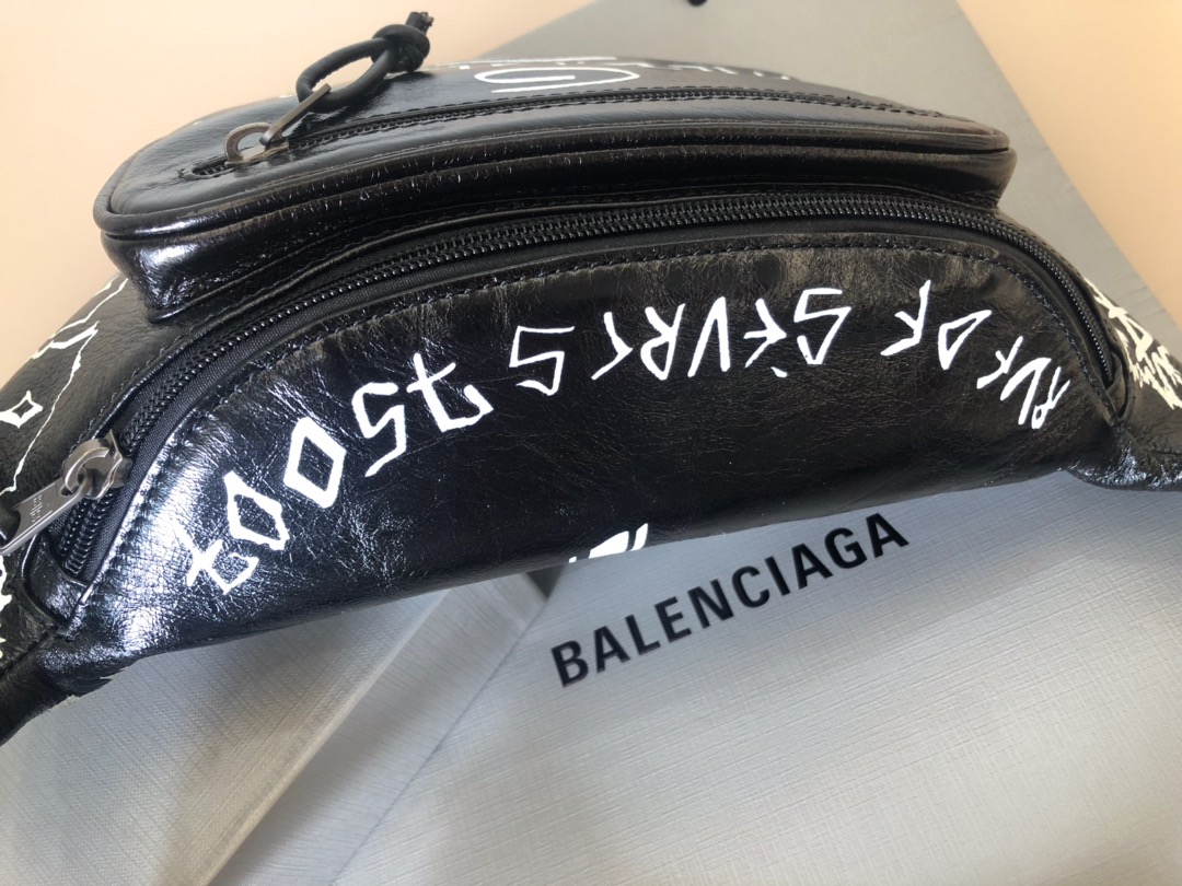 Copy Balenciaga Graffiti Print Leather Belt Bag Black White Price America