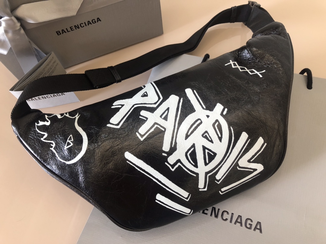 Copy Balenciaga Graffiti Print Leather Belt Bag Black White Price America