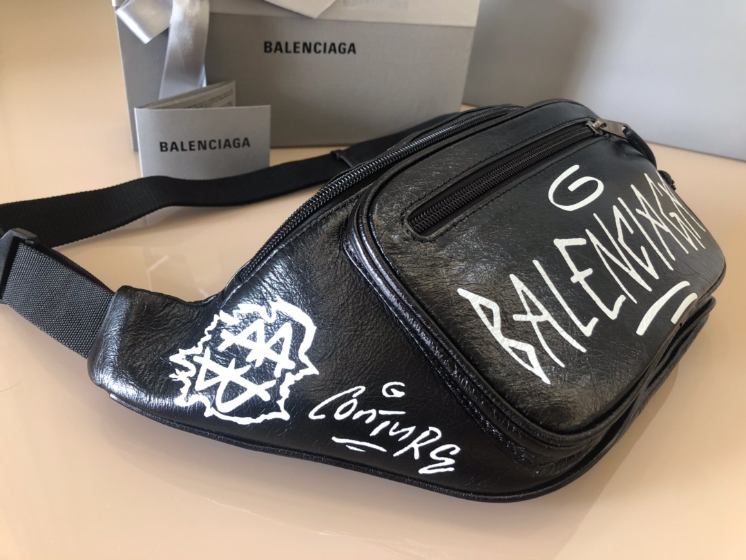 Copy Balenciaga Graffiti Print Leather Belt Bag Black White Price America