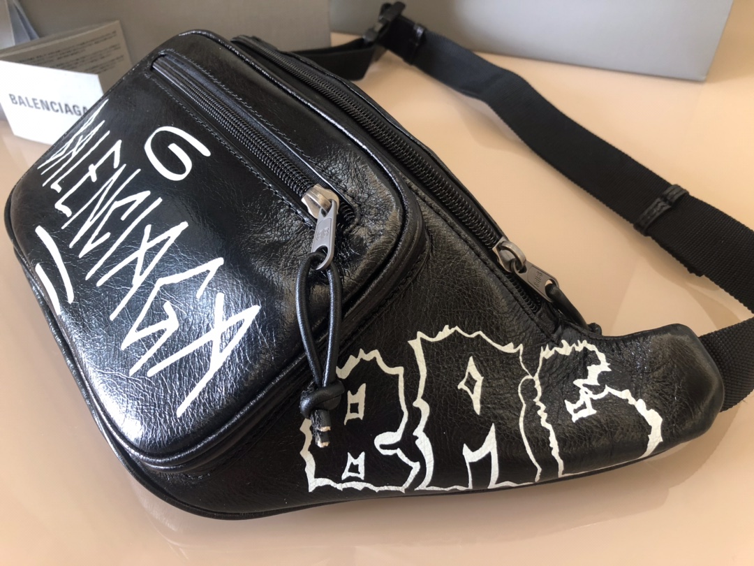 Copy Balenciaga Graffiti Print Leather Belt Bag Black White Price America