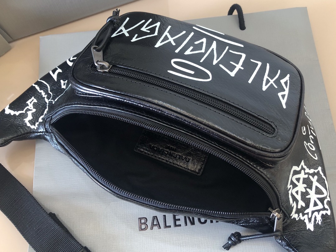 Copy Balenciaga Graffiti Print Leather Belt Bag Black White Price America