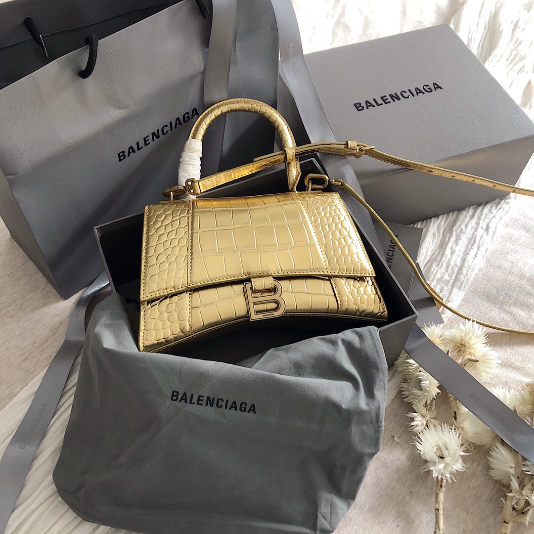 Copy Balenciaga Hourglass S Top Handle Bag in Gold Shiny Crocodile Embossed Calfskin