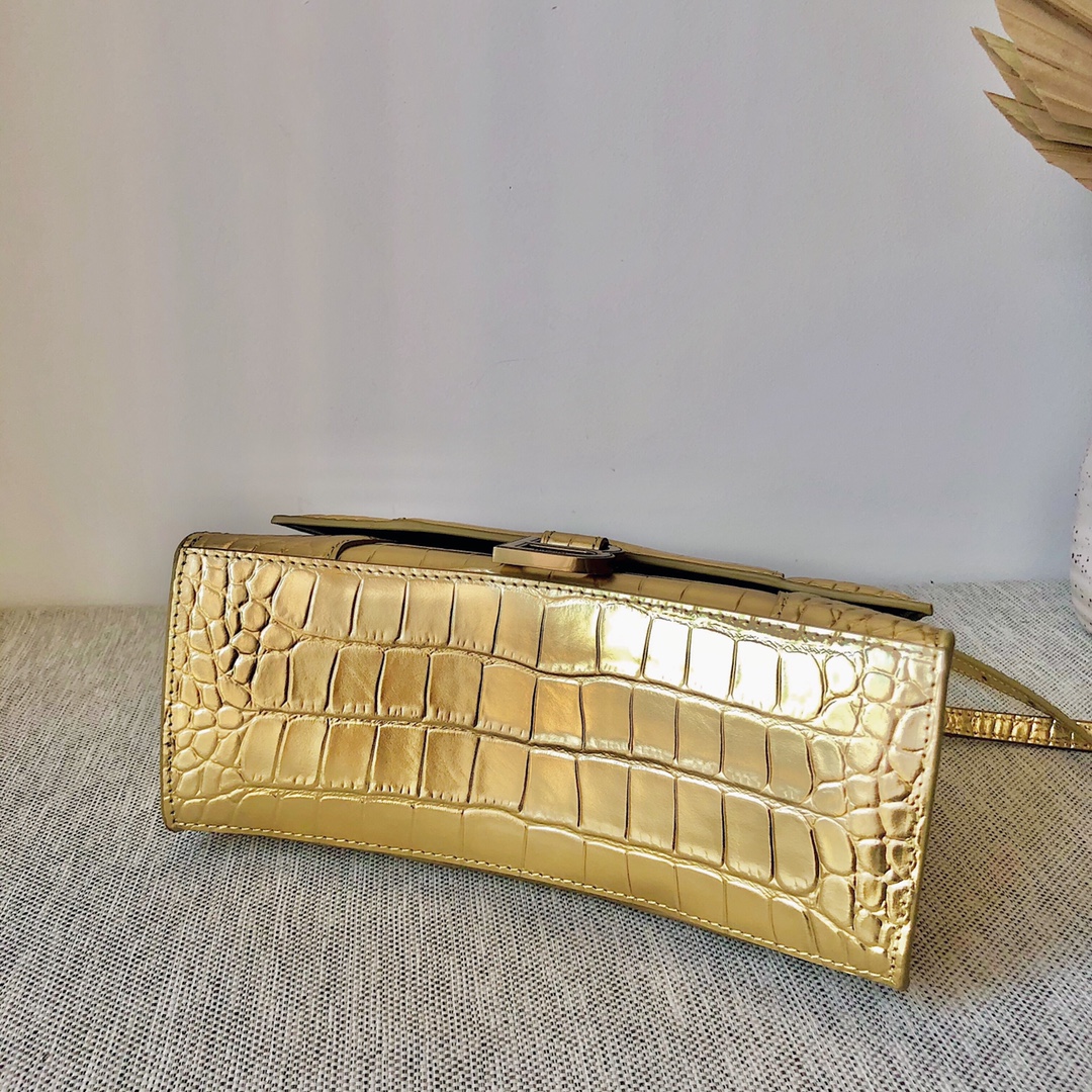 Copy Balenciaga Hourglass S Top Handle Bag in Gold Shiny Crocodile Embossed Calfskin