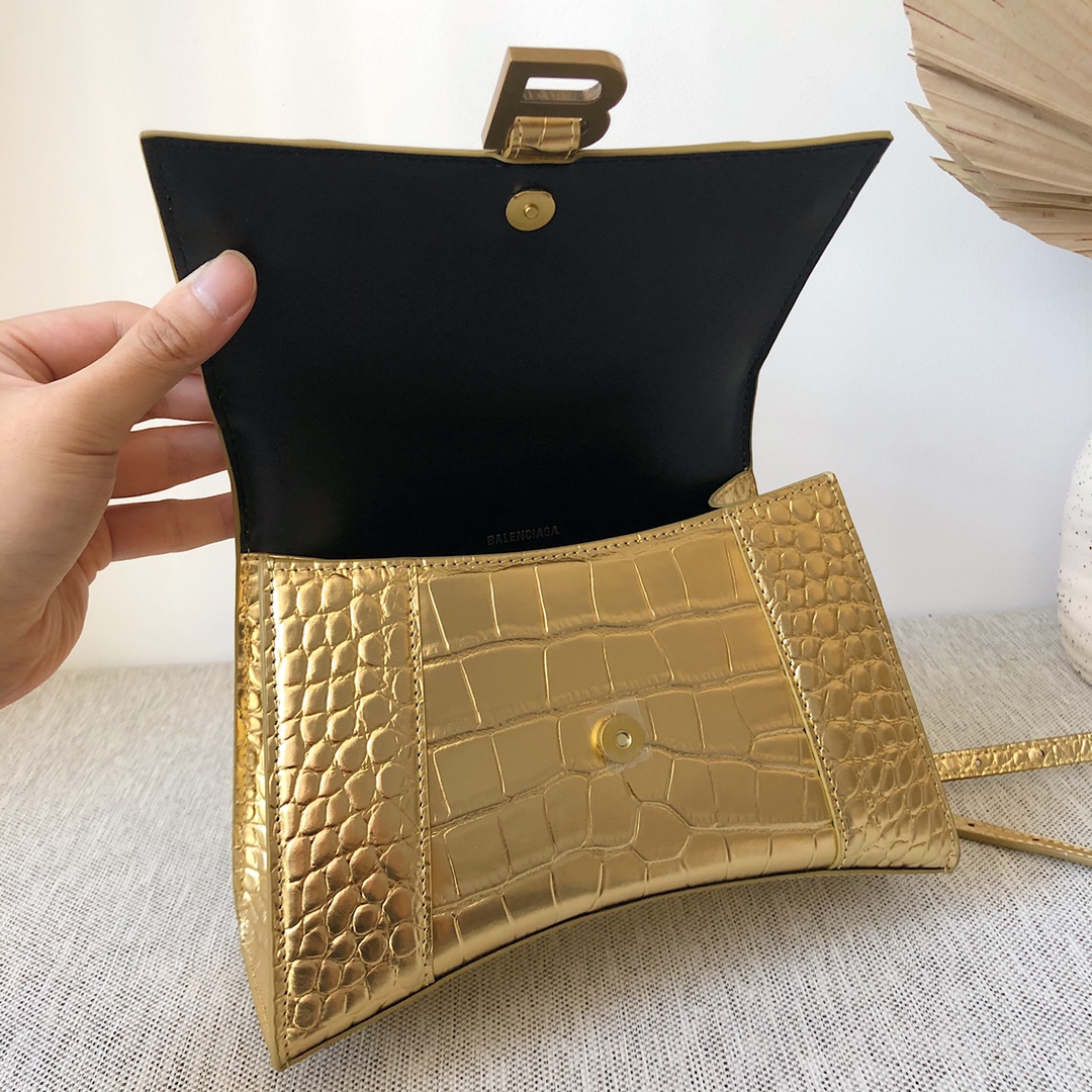 Copy Balenciaga Hourglass S Top Handle Bag in Gold Shiny Crocodile Embossed Calfskin