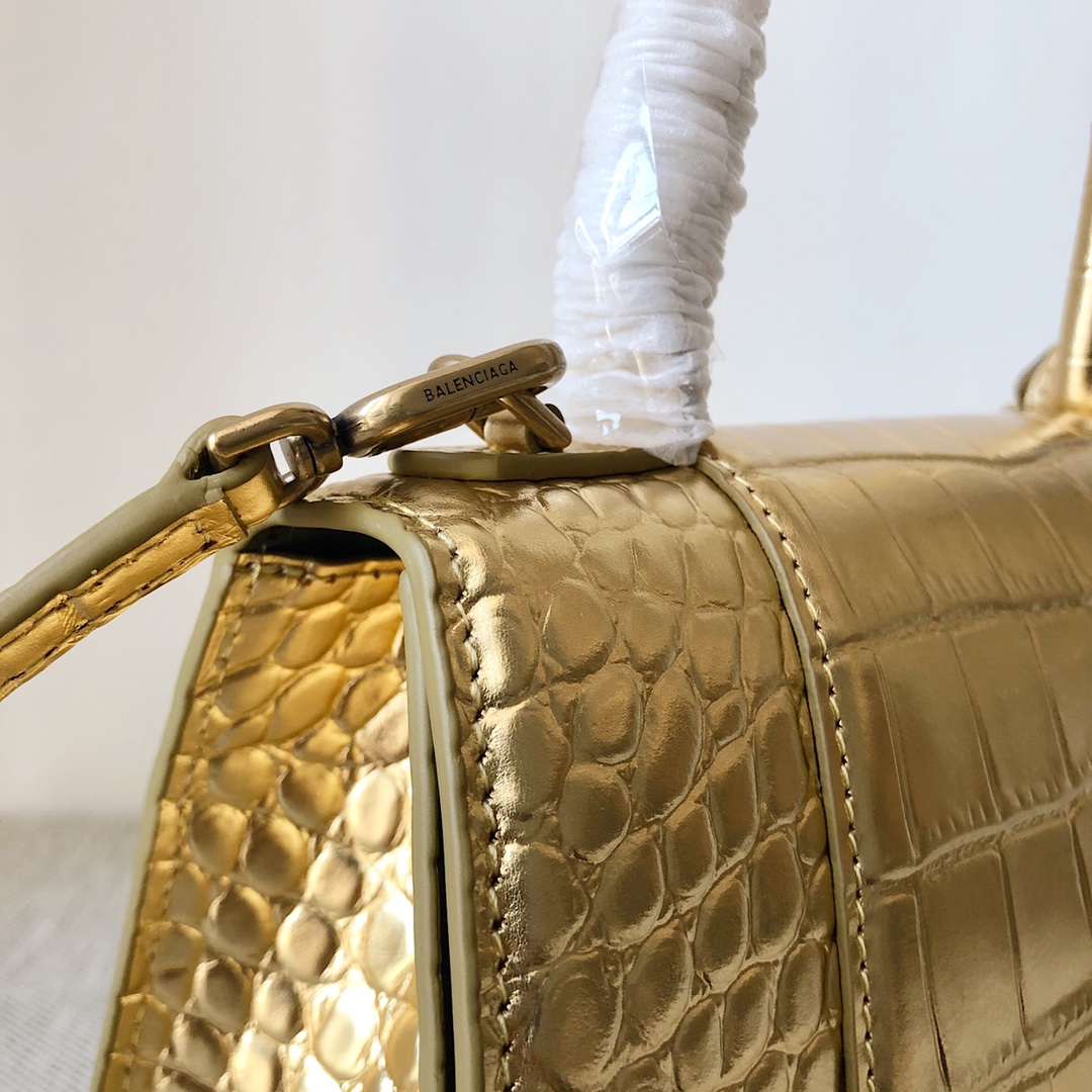 Copy Balenciaga Hourglass S Top Handle Bag in Gold Shiny Crocodile Embossed Calfskin