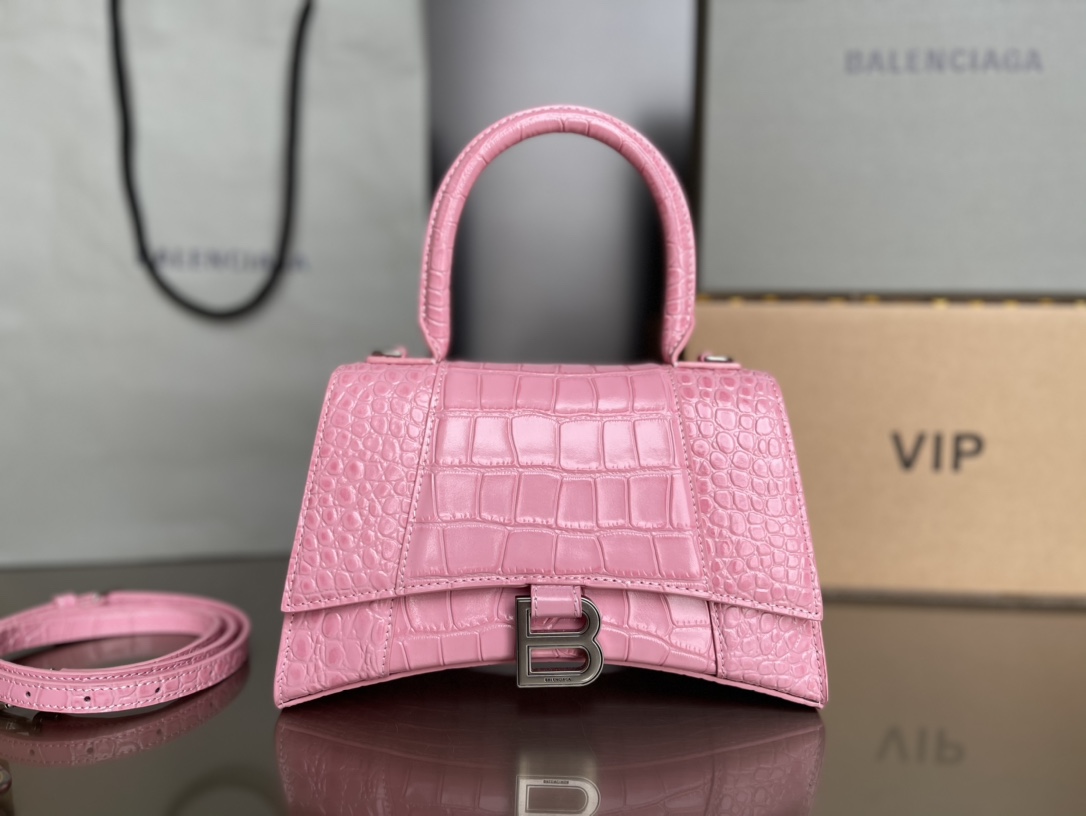 Copy Balenciaga Hourglass S Top Handle Bag in Pink Shiny Crocodile Embossed Calfskin