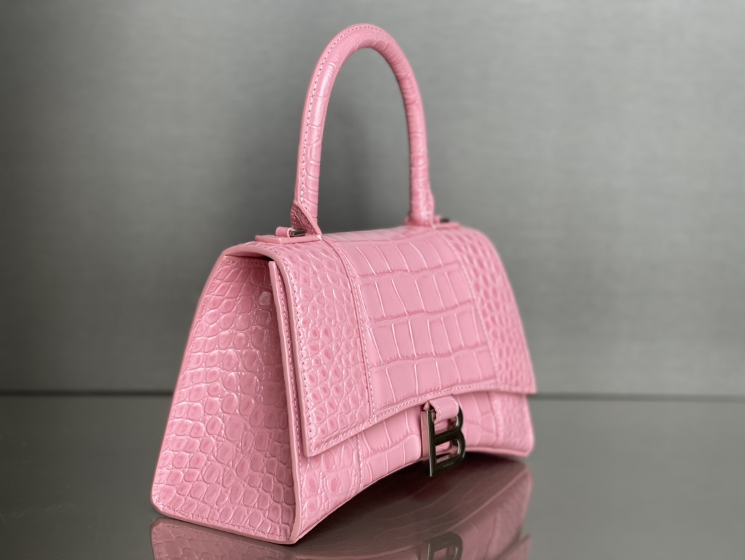 Copy Balenciaga Hourglass S Top Handle Bag in Pink Shiny Crocodile Embossed Calfskin