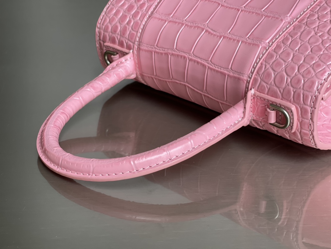 Copy Balenciaga Hourglass S Top Handle Bag in Pink Shiny Crocodile Embossed Calfskin