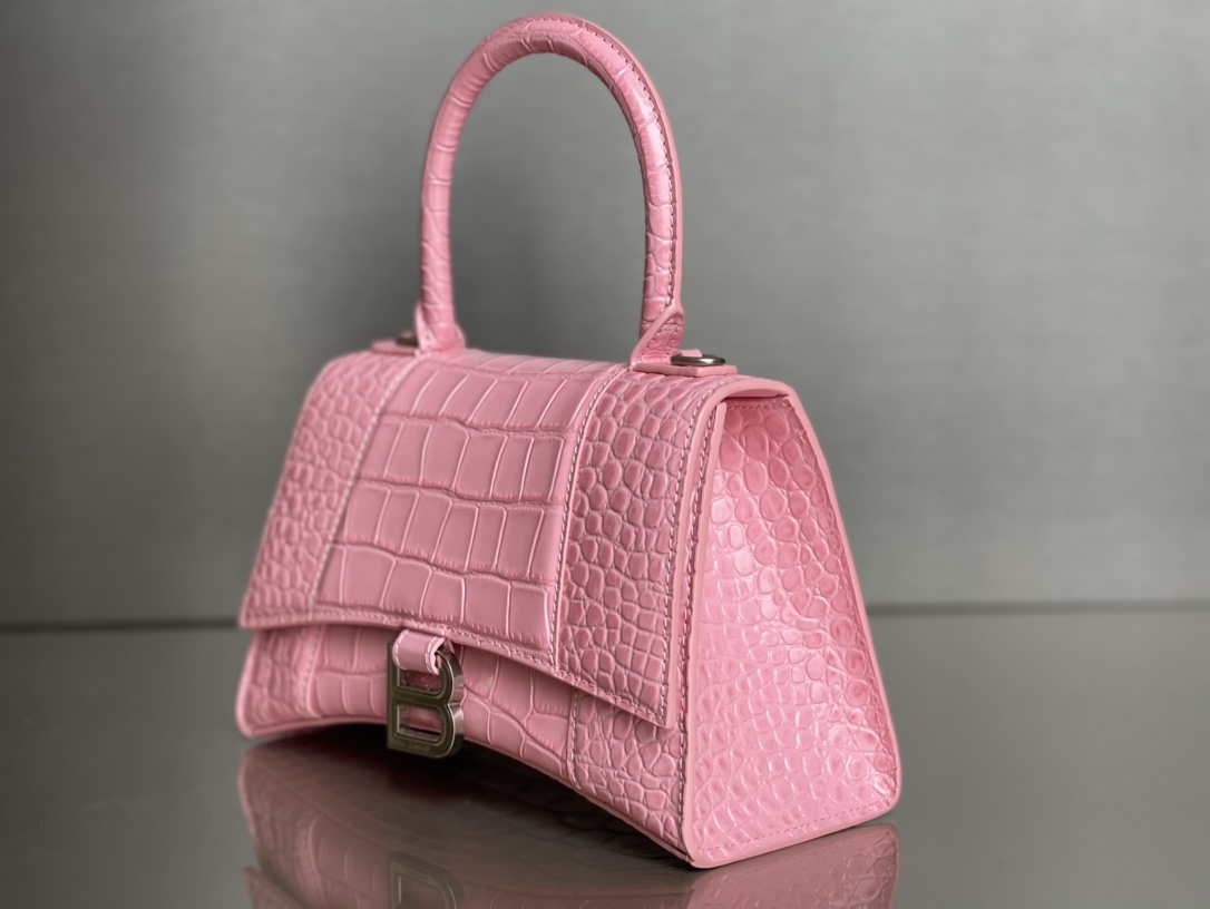 Copy Balenciaga Hourglass S Top Handle Bag in Pink Shiny Crocodile Embossed Calfskin