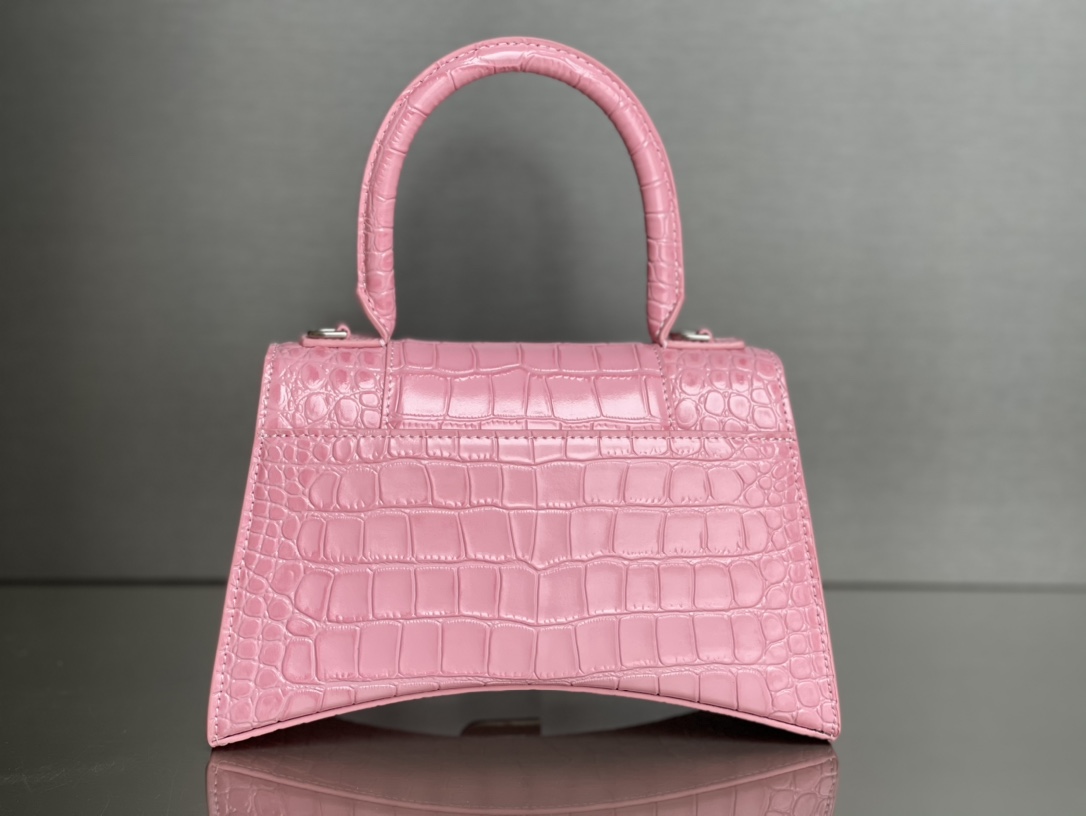 Copy Balenciaga Hourglass S Top Handle Bag in Pink Shiny Crocodile Embossed Calfskin