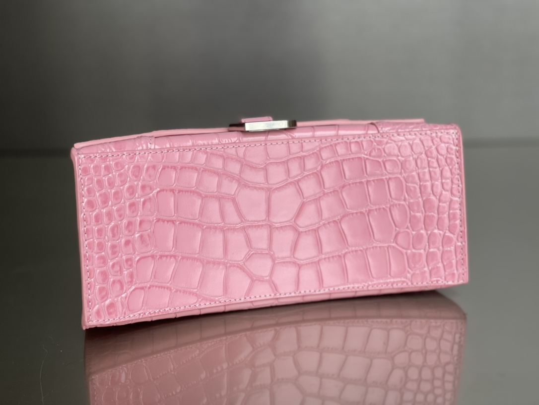 Copy Balenciaga Hourglass S Top Handle Bag in Pink Shiny Crocodile Embossed Calfskin