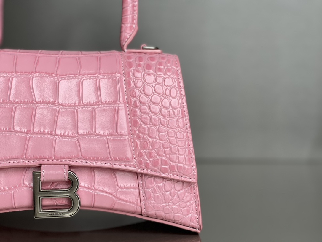 Copy Balenciaga Hourglass S Top Handle Bag in Pink Shiny Crocodile Embossed Calfskin