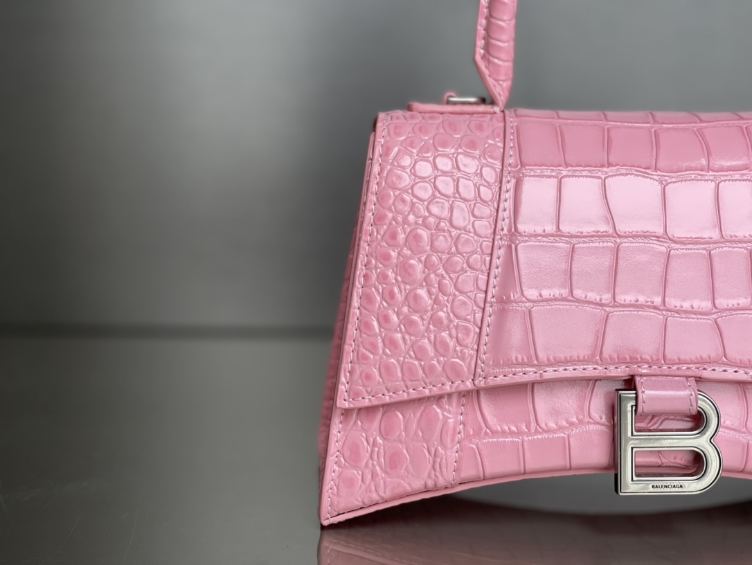 Copy Balenciaga Hourglass S Top Handle Bag in Pink Shiny Crocodile Embossed Calfskin