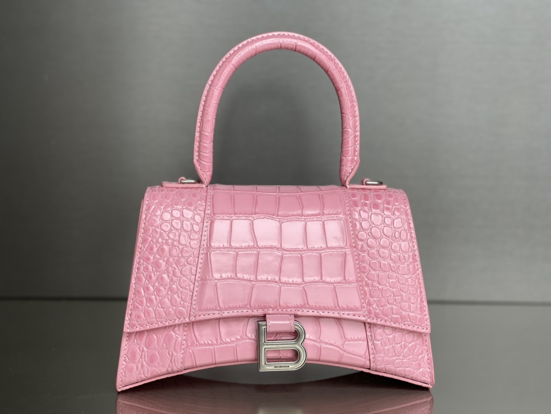 Copy Balenciaga Hourglass S Top Handle Bag in Pink Shiny Crocodile Embossed Calfskin