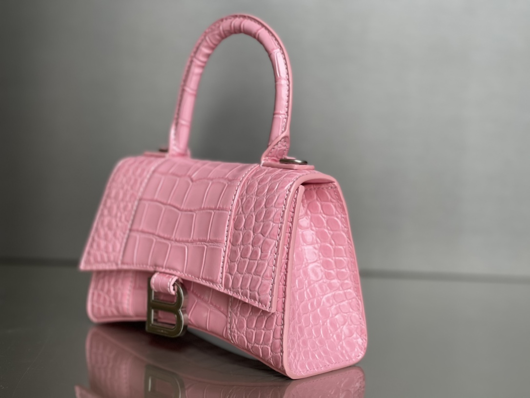 Copy Balenciaga Hourglass XS Top Handle Bag in Pink Shiny Crocodile Embossed Calfskin