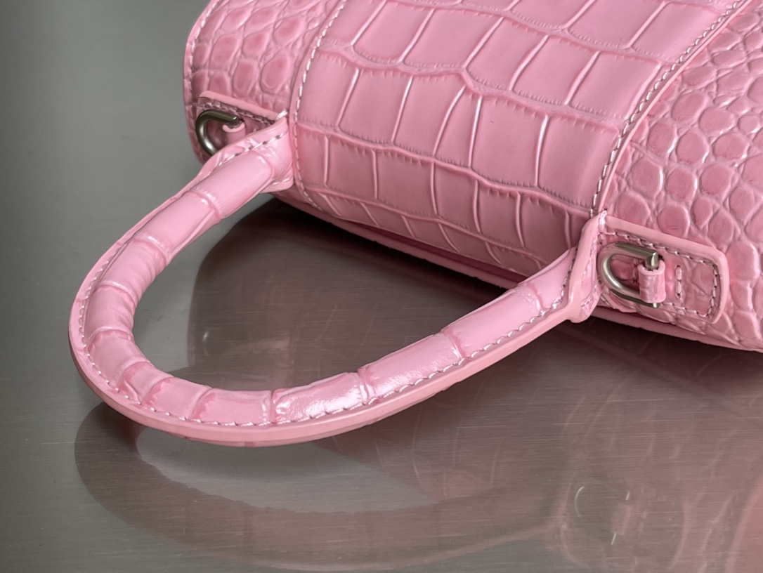 Copy Balenciaga Hourglass XS Top Handle Bag in Pink Shiny Crocodile Embossed Calfskin